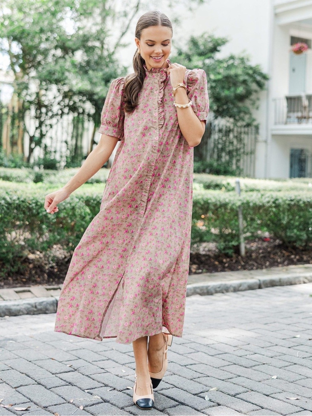 Entro Blissful Midi Dress Cottagecore Ditsy Floral Modest Ruffle Neck
